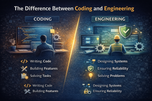 Comparison between coding and engineering showing coding focused on writing code and building features, and engineering focused on system design, reliability, and problem solving