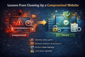 Comparison of compromised website with malware and secure restored website after cleanup showing security improvements and threat removal