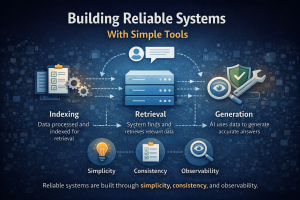 Diagram showing building reliable systems using simple tools with principles of simplicity, consistency, and observability in software design
