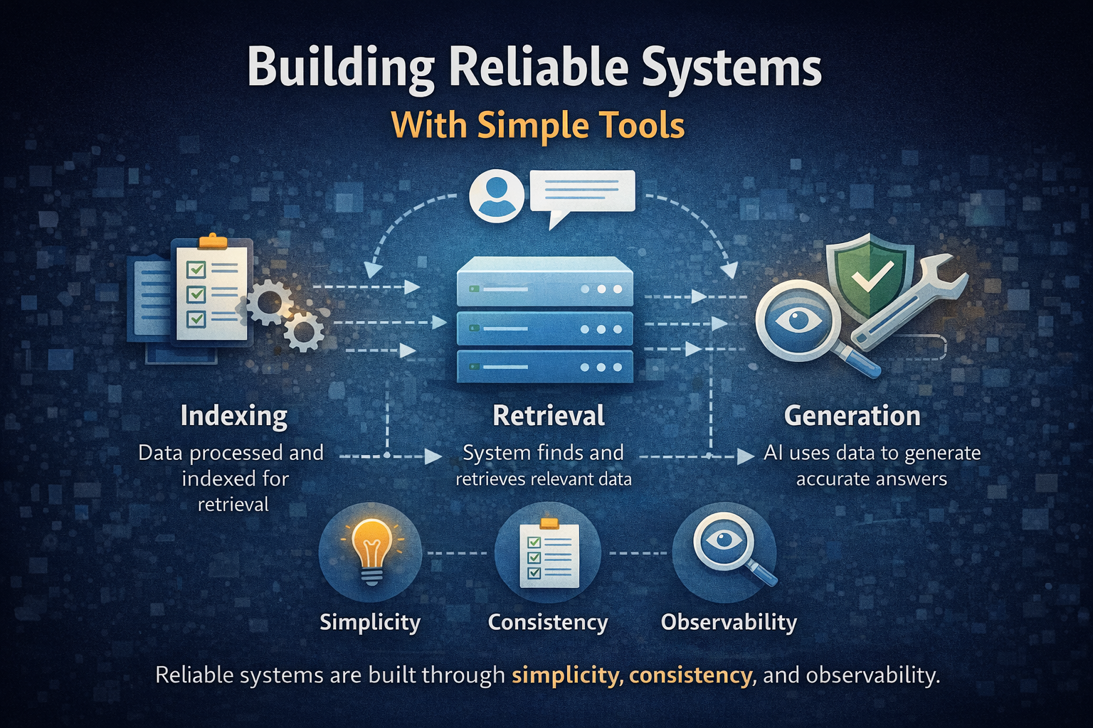 Diagram showing building reliable systems using simple tools with principles of simplicity, consistency, and observability in software design