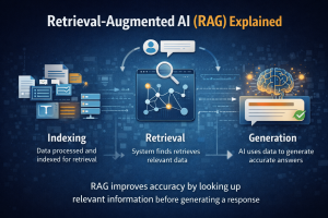 Diagram showing retrieval-augmented AI (RAG) process including indexing, retrieval of data, and generation of responses using external information