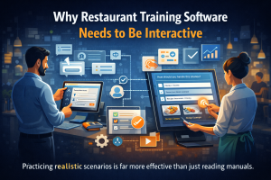 Restaurant staff using interactive training software with scenario-based learning and AI-powered simulations on tablets in a restaurant setting