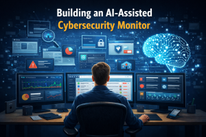 Cybersecurity analyst monitoring AI-powered dashboard detecting anomalies, threats, and system activity across multiple networks