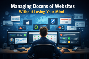 Developer monitoring multiple websites from a centralized dashboard showing uptime, security, updates, and performance metrics