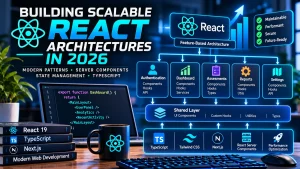 React architecture illustration showing feature-based components, authentication, dashboards, shared services, TypeScript, and React Server Components.