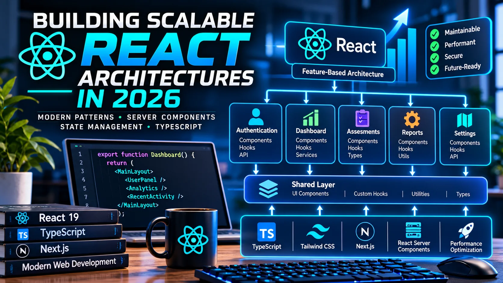 React architecture illustration showing feature-based components, authentication, dashboards, shared services, TypeScript, and React Server Components.