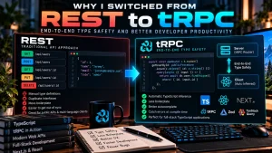 REST versus tRPC comparison showing traditional API endpoints alongside end-to-end TypeScript type safety and client-server communication.