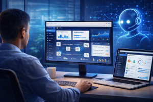 Professional using AI-powered business dashboard with automation workflows and analytics illustrating practical AI tools used in real business operations
