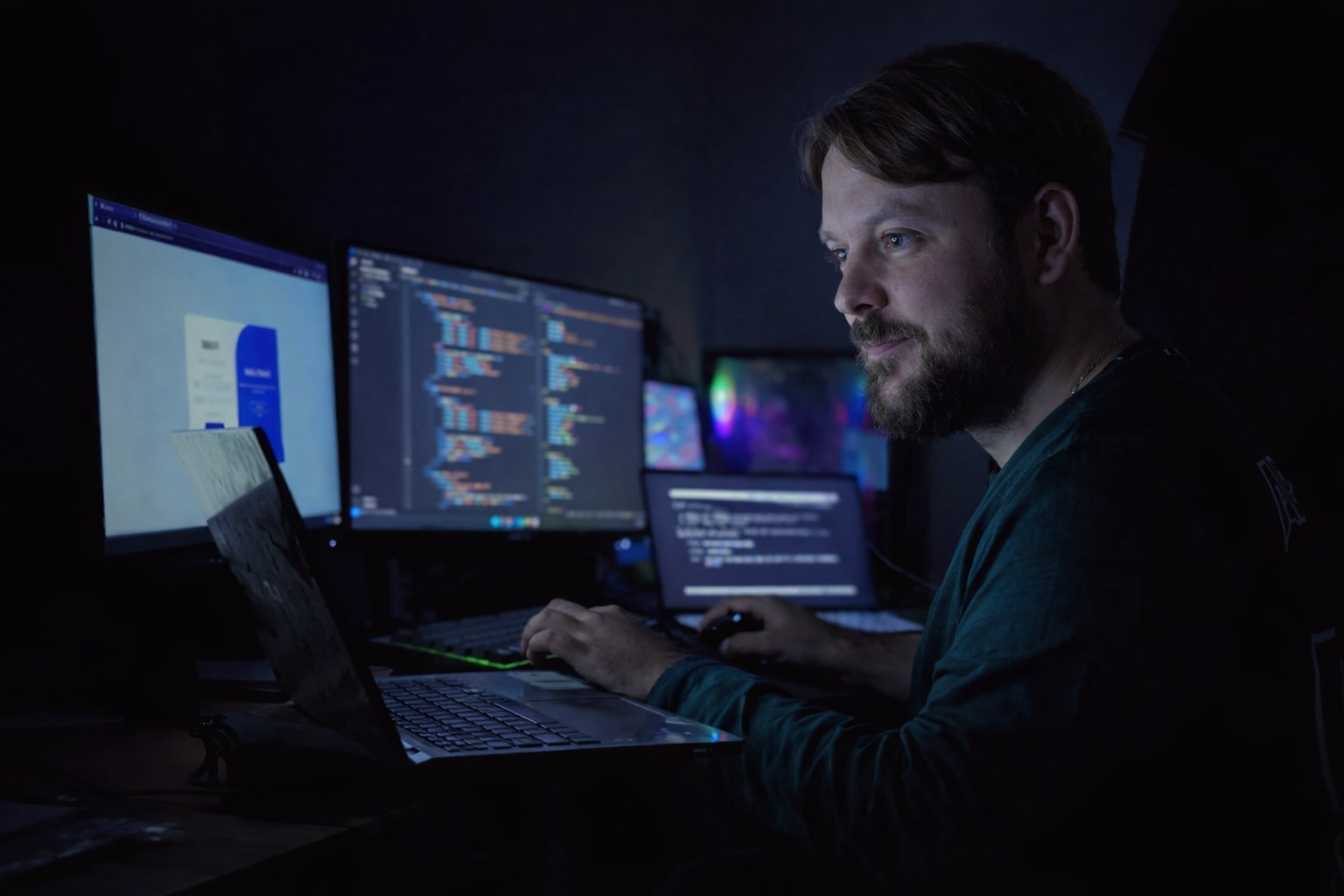 Jeremy Anderson working at computer in a dark room with many monitors
