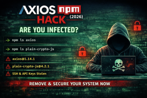 Dark cybersecurity graphic of a hooded hacker with warning text about the Axios npm hack, showing commands to check axios versions and highlighting risks like stolen API keys and SSH credentials.