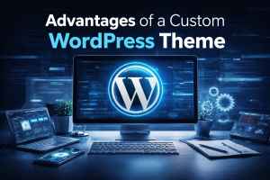 Custom WordPress theme displayed on a modern workspace screen highlighting benefits like performance, security, and SEO optimization