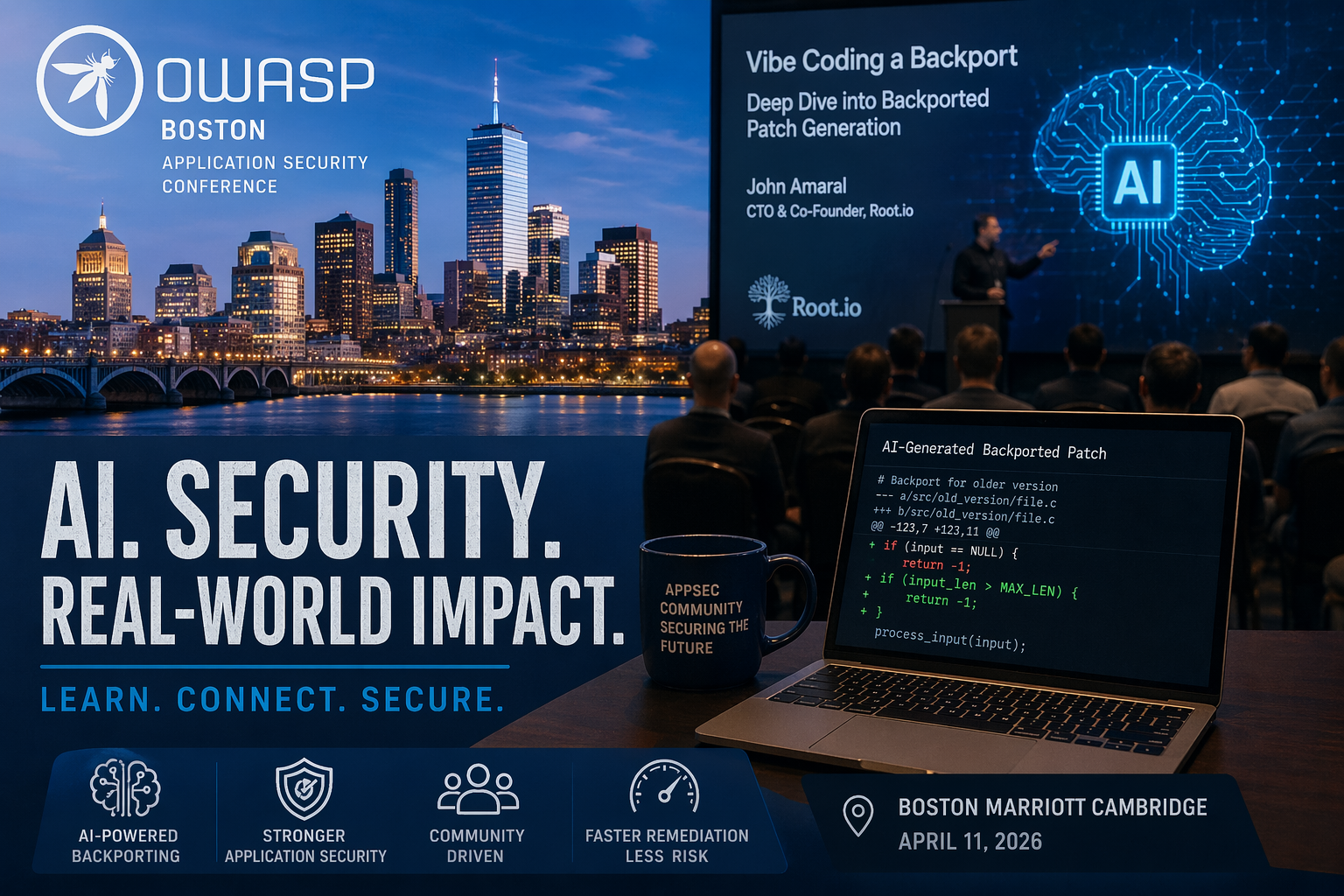 and application security, with a speaker presenting patch generation concepts to an audience.