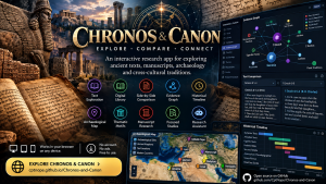 Promotional graphic for Chronos & Canon, an interactive research app for exploring ancient texts, manuscripts, archaeology, and cross-cultural traditions, featuring ancient artifacts on the left and app interface panels on the right showing an evidence graph, text comparison, archaeological map, and historical timeline.