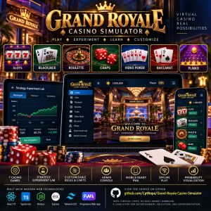 Grand Royale Casino Simulator promotional image featuring seven virtual casino games, including slots, blackjack, roulette, craps, video poker, baccarat, and Plinko, with a strategy simulation lab and mobile-friendly web app interface.
