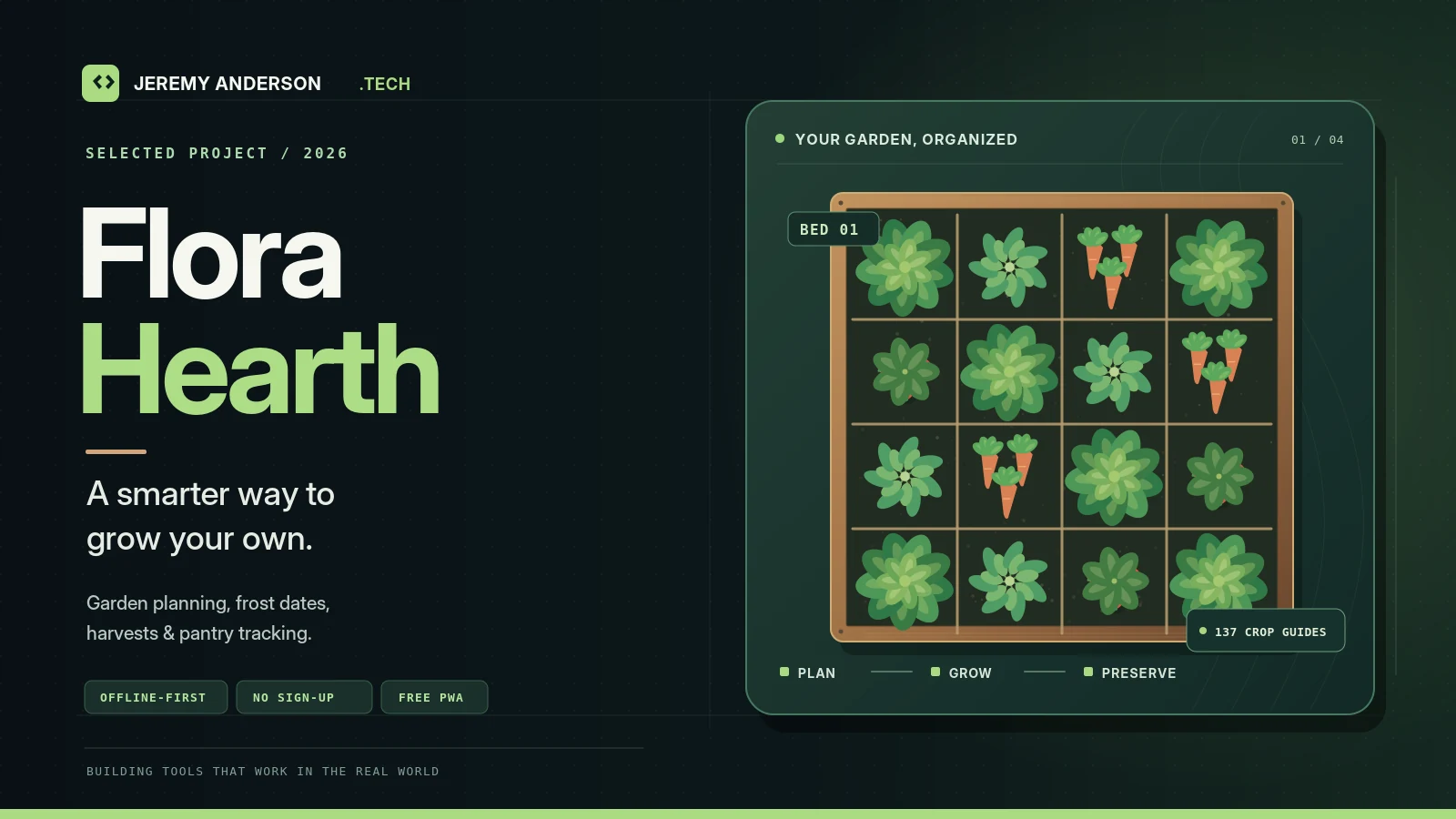 FloraHearth garden planning app featured graphic showing a square-foot vegetable garden with lettuce, carrots, and herbs.