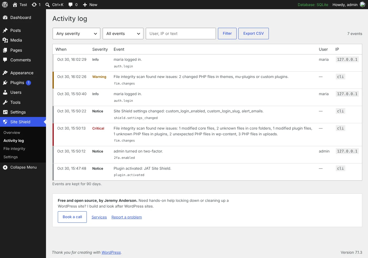 JAT Site Shield activity log listing logins, lockouts and settings changes
