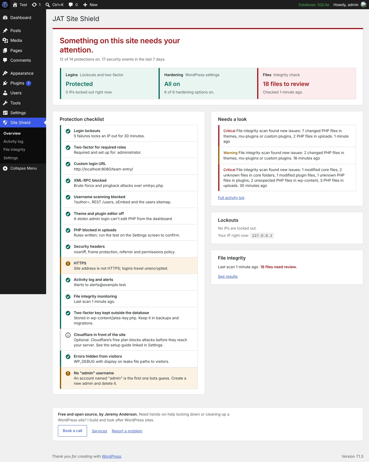 JAT Site Shield overview screen with a security checklist for the WordPress site