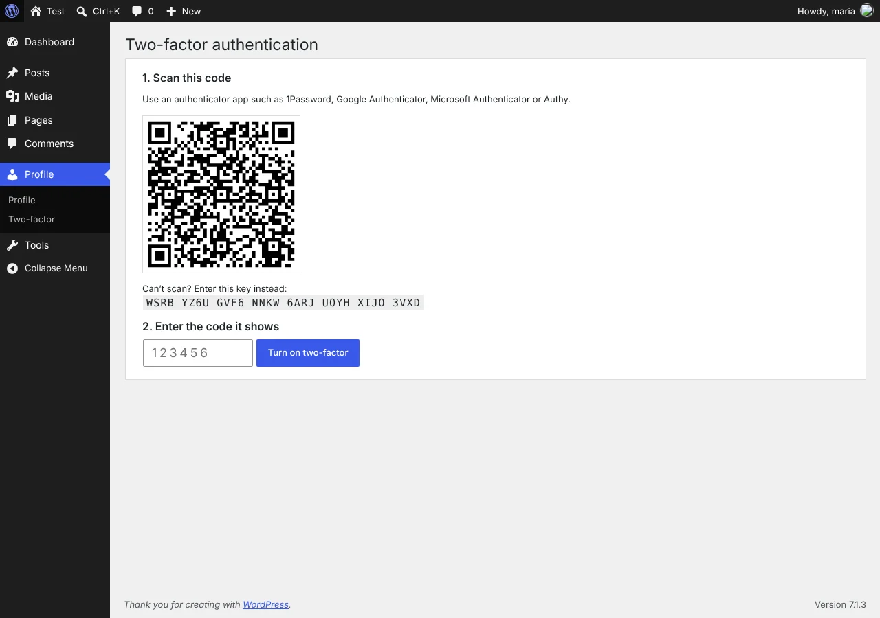Two-factor setup screen in JAT Site Shield with a QR code for an authenticator app